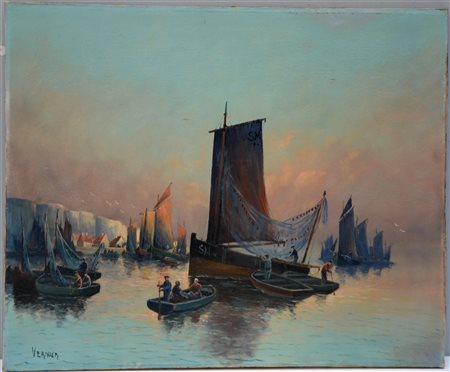 Ignoto "Paesaggio con barche" olio su tela (cm 60x73) Reca firma Vernier in bas