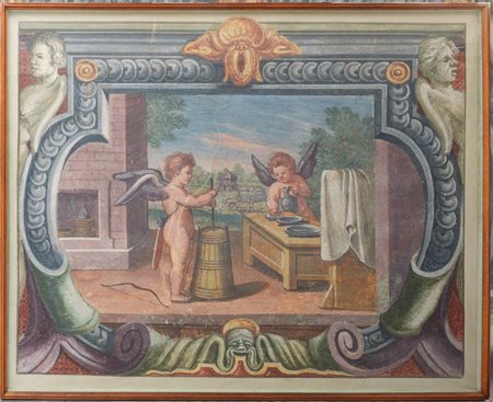 Ignoto del secolo XX "Putti in un paesaggio" strappo d'affresco (cm 140x174) In