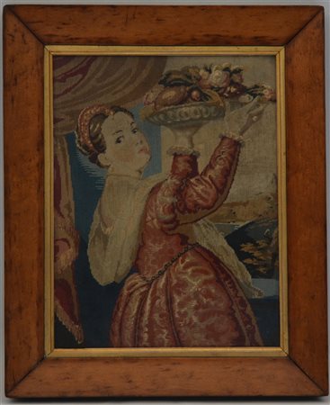 Piccolo punto ricamato in lana e seta, secolo XIX raffigurante "Ragazza con ces