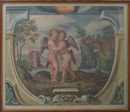 Ignoto del secolo XX "Putto in un paesaggio" strappo d'affresco (cm 117x139) In