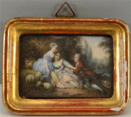 Scuola della fine del secolo XIX "Scena galante in un paesaggio" miniatura su a