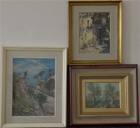 Lotto di tre dipinti ad olio su compensato e cartone raffiguranti "Paesaggi" ed