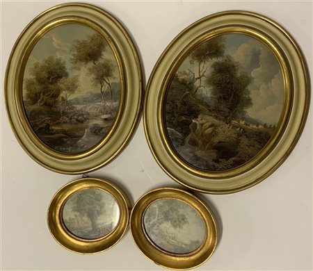Lotto composto da due coppie di dipinti di forma ovale raffiguranti paesaggi. I