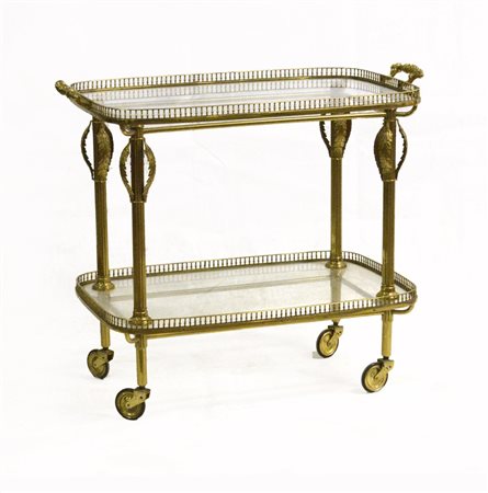 Carrello porta vivande a due ripiani decorati con ringhierine, montanti scanala