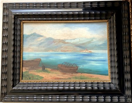 Lotto di due dipinti ad olio raffiguranti un paesaggio e una bambina sull'erba,