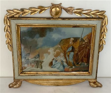 Ignoto "Passaggio nel Mar Rosso" verre peint (cm 23x33,3) in cornice scolpita,
