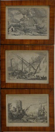 Gruppo di tre incisioni raffiguranti paesaggi con velieri (cm 26x34) in cornici