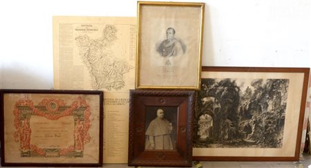 Lotto composto da un’incisione con rovine, una mappa dei territori calabri, un