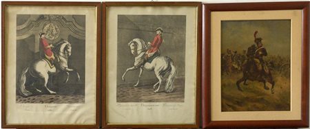 Lotto composto da una oleografia e due riproduzioni a colori raffiguranti caval
