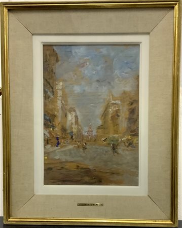 Luigi Mantovani "Milano. Via Dante" olio su compensato (cm 37x25) Firmato in bas