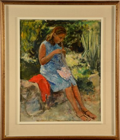 Cesare Peruzzi "Mia nipote in giardino" olio su cartone telato (cm 50x40) Firmat