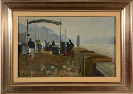 Giancarlo Perelli Cippo "Veduta di lago con traghetto" olio su compensato (cm 40x65