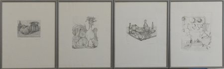 Gruppo di quattro acqueforti a soggetto culinario firmate Occhipinti, Laustino,