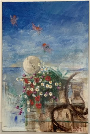 Firma indecifrata "Paesaggio con cherubini e fiori" acrilico su tela (cm 90x60)