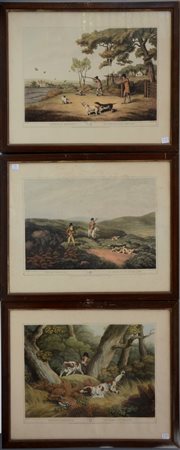 Gruppo di sei incisioni a colori raffiguranti scene di caccia. In cornici(cm 43