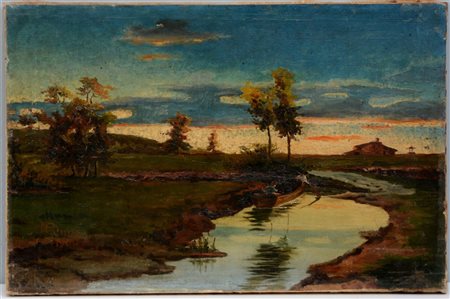 E. Cenni "Paesaggio con corso d'acqua e barca" olio su tela (cm 46x69) Firmato e