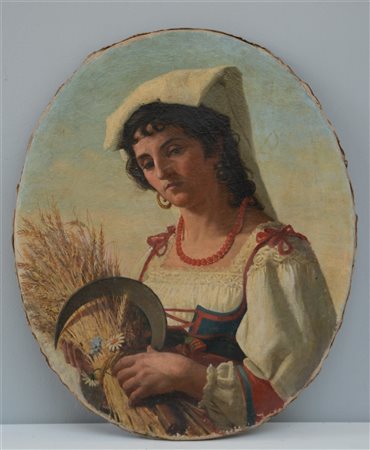 Scuola del XIX Secolo "Spigolatrice ciociara" olio su tela ovale (cm 65x54) (di