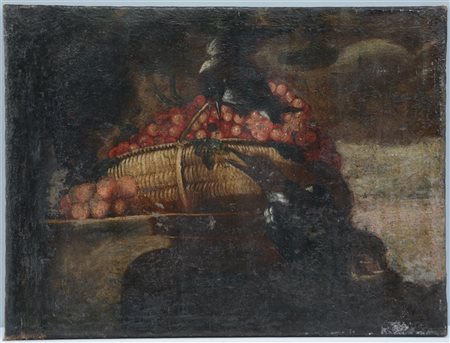 Antico dipinto ad olio su tela raffigurante una natura morta con frutta e pennu
