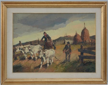 Renzo Martini "Paesaggio toscano con contadini" olio su compensato (cm 50x70) Fi