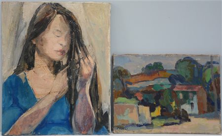 AA.VV. Lotto di due dipinti ad olio su tela raffiguranti paesaggio e ritratto d