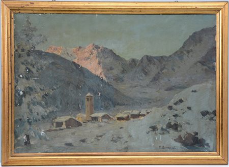 Firma indecifrata "Paesaggio montano con paesino" olio su tela (cm 80x100) Firm