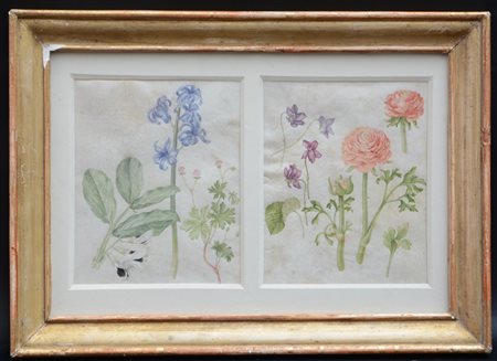 Ignoto "Nature morte con fiori" coppia di dipinti su pergamena (cm 20,5x16,5 ci