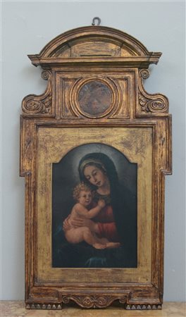 Ignoto "Madonna con Bambino" antico dipinto ad olio su tavola (cm 39,5x27) In c