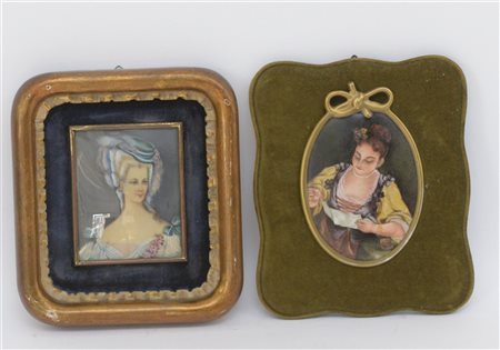 Lotto di due miniature con figure femminili, in cornici (difetti)