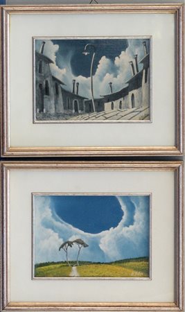 Firma indecifrata, due dipinti ad olio su tavola raffiguranti una scorcio di pa