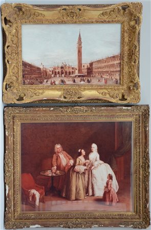 Lotto composto da due cornici in legno intagliato e dorato contenenti riproduzi