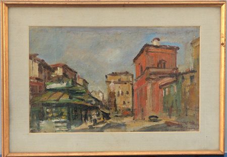 Donato Frisia "Periferia di Milano" olio su tela (cm 26x42) Firmato e datato 195