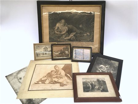 Lotto composto da sei incisioni e due riproduzioni, alcune in cornici (difetti)
