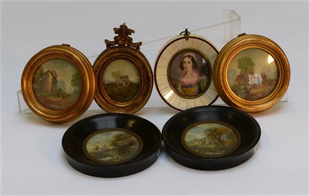Lotto composto da cinque miniature raffiguranti paesaggi ed una con figura femm