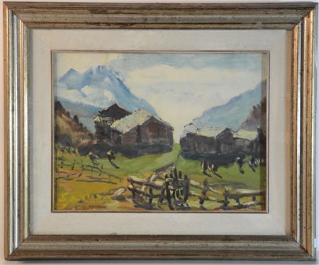 Paolo Punzo "Paesaggio con baite", olio su tela (cm 30x40) Firmato in basso a si