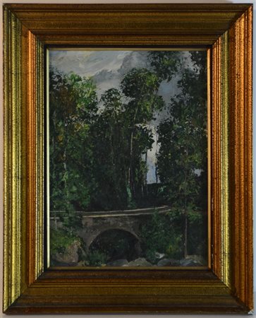 Ignoto, "Paesaggio boschivo con ponte", olio su compensato (cm 33x25), in corni