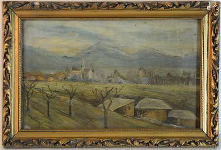 Monogrammista del XX Secolo "Paesaggio montano" olio su cartone (cm 19x30) Sigl