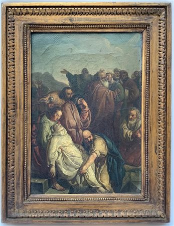 Ignoto "Seppellimento di santa" antico dipinto ad olio su tela (cm 29x20) in co