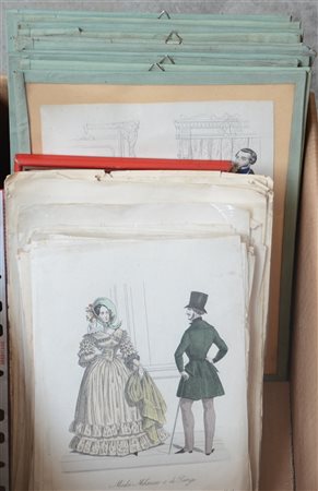 Cartone contenente numerose incisioni colorate inerenti la moda del secolo XIX