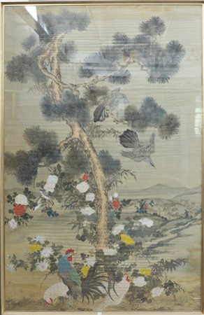 Grande dipinto decorato con piante, fiori e volatili, inchiostro e colore su te