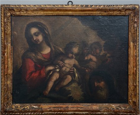 Scuola italiana del secolo XVII "Madonna con Bambino e santo" olio su tela (cm