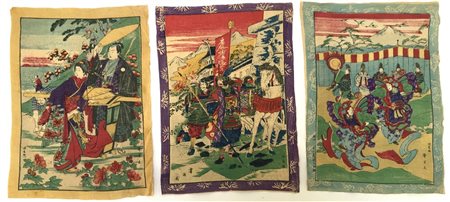 Lotto di tre stampe a colori su carta (cm 19x26 circa)
Giappone, sec. XX (difet