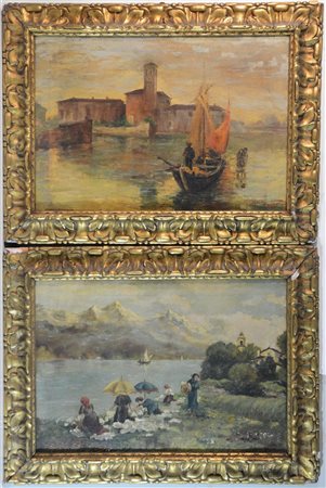 Giulio Socal "Lago di Santa Croce, Belluno" e " Veduta lagunare" coppia di dipin