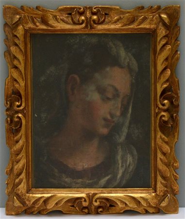 Ignoto, ''Volto di Maria'', antico dipinto ad olio su tela applicata su tavola