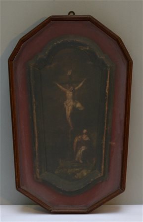 Artista del secolo XVII, ''Crocifissione'', olio su tela sagomata (cm 39x18 cir