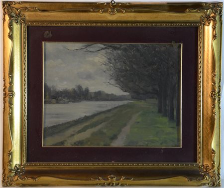 Umberto Montini "Paesaggio fluviale" olio su cartone (cm 30x40) Firmato in basso