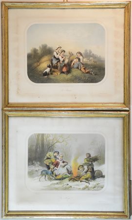 Gruppo di quattro litografie francesi a colori raffiguranti scene agresti (cm 4