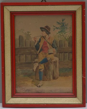 Ignoto "Il pasto del contadino" acquerello (cm 21x16) In cornice (lievi difetti