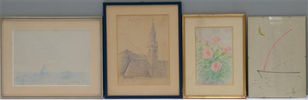 Firma indecifrata, lotto di quattro disegni raffiguranti paesaggi, rose e una b