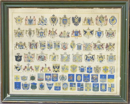 Stampa a colori raffigurante gli stemmi delle principali stemmi di nobili casat