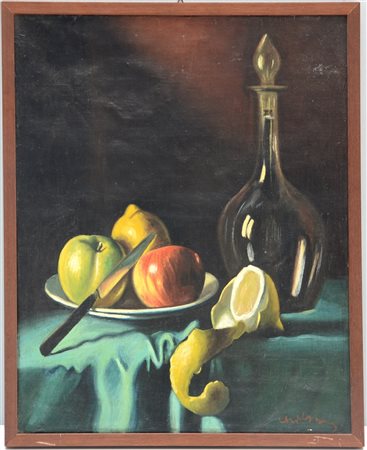 Gregorio Sciltian "Composizione con frutta e bottiglia" olio su tela (cm 50x40)